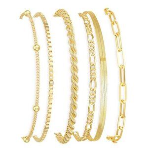 14K Gold Plated Bracelet Set Paperclip Figaro Box Chain Layering Jewelry